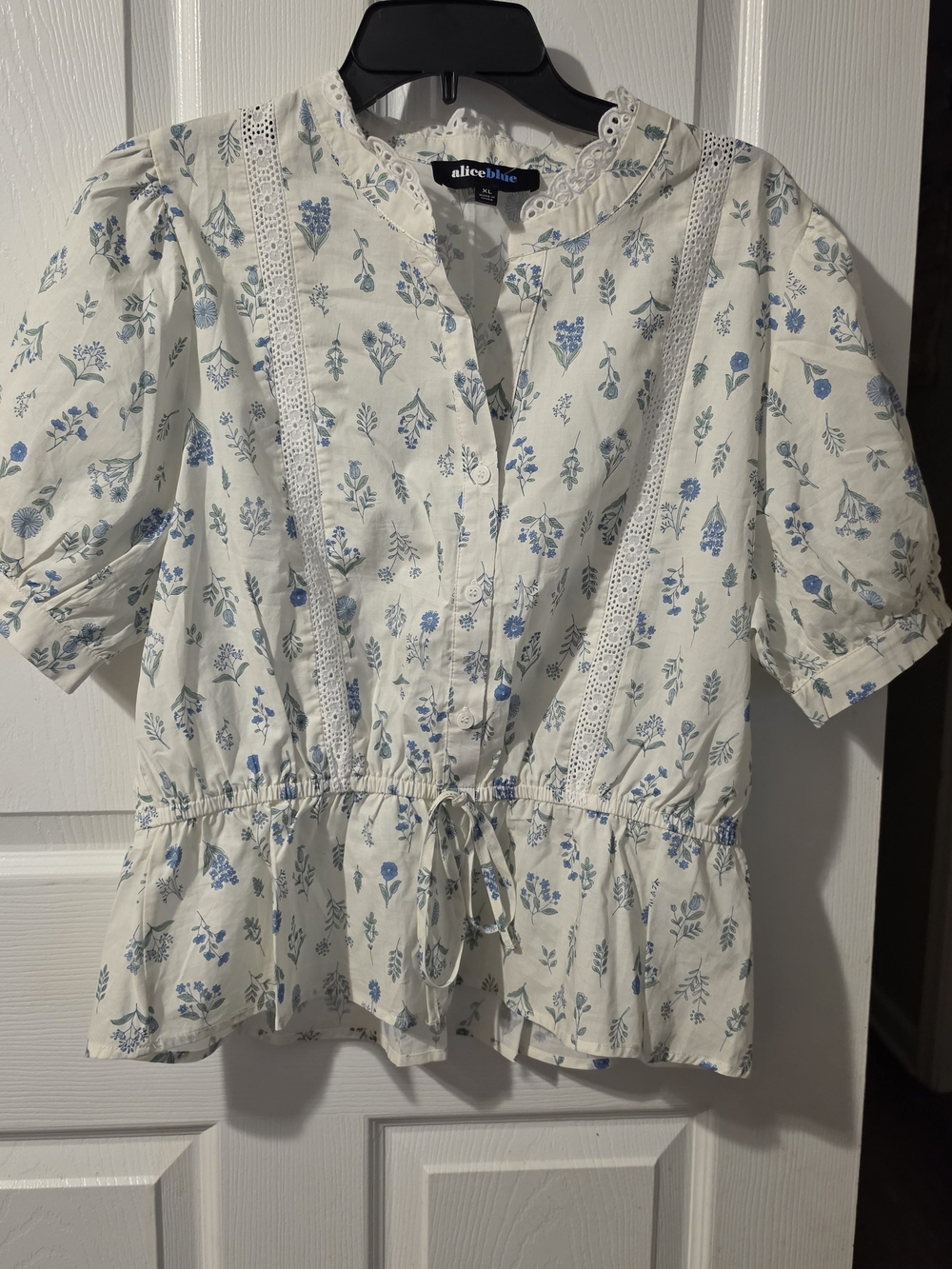 Alice Blue  White Blouse with Blue Floral Print and Tie Waist